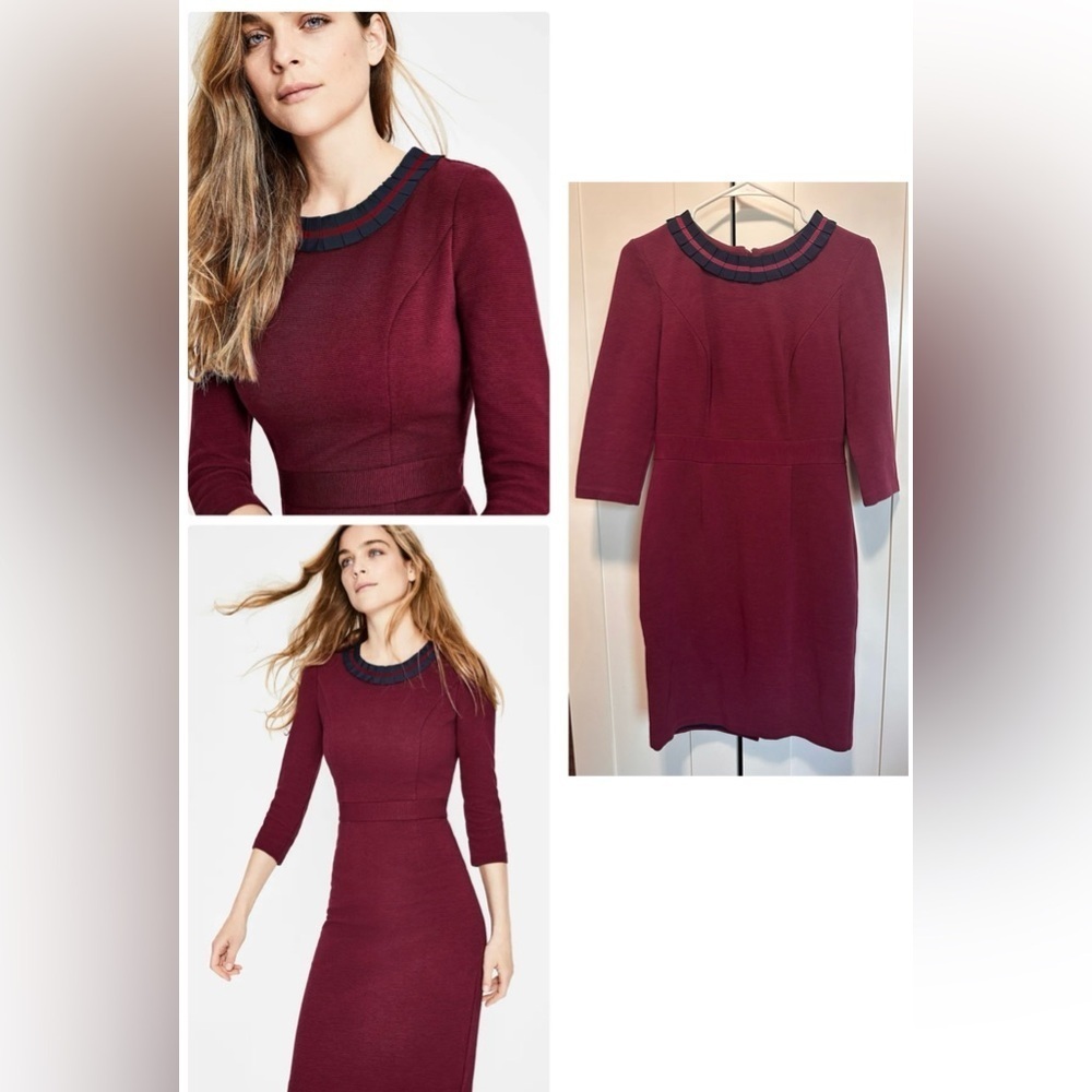 Boden Burgundy Polperro Ottoman Dress with Navy Blue Trim Collar size 6P